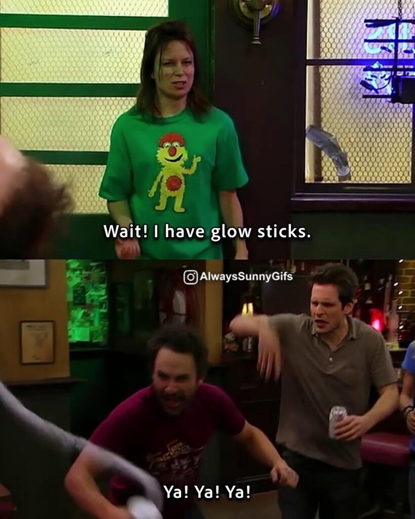 Always Sunny – S05E04 The Gang Gives Frank an Intervention glow sticks