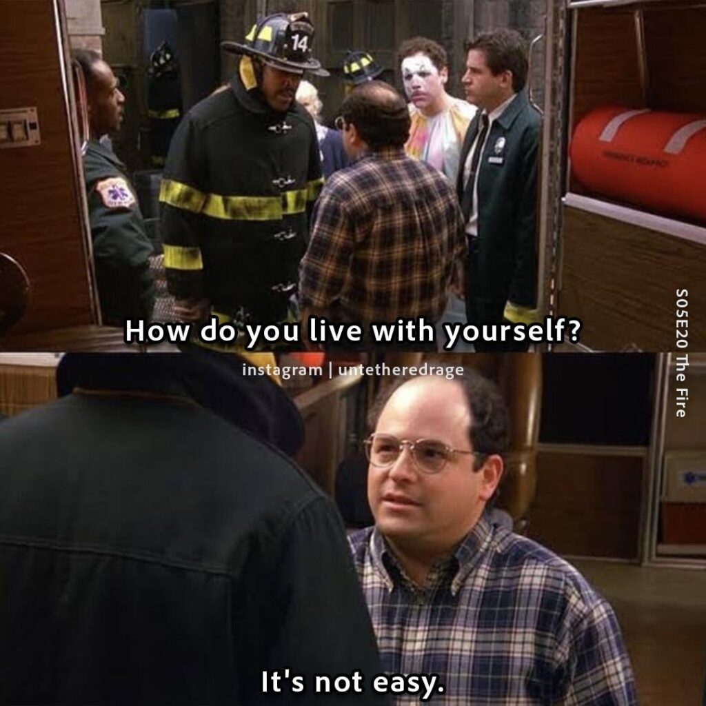 How do you live with yourself? It's not easy. - George Costanza, Seinfeld, S05E20 The Fire