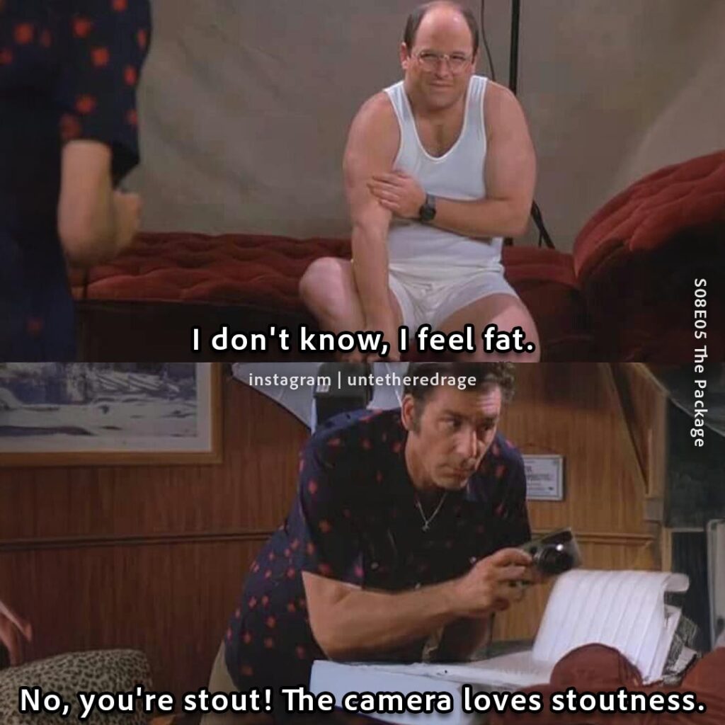 I don't know, I feel fat. No, you're stout! The camera loves stoutness. - George Costanza, Seinfeld, S08E05 The Package